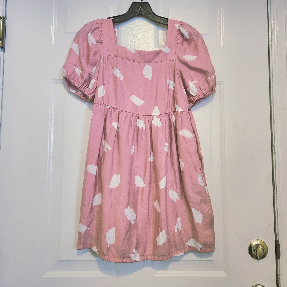 LOFT Pink White Dress Square Neck Puff Sleeves Boho Babydoll Size XSP